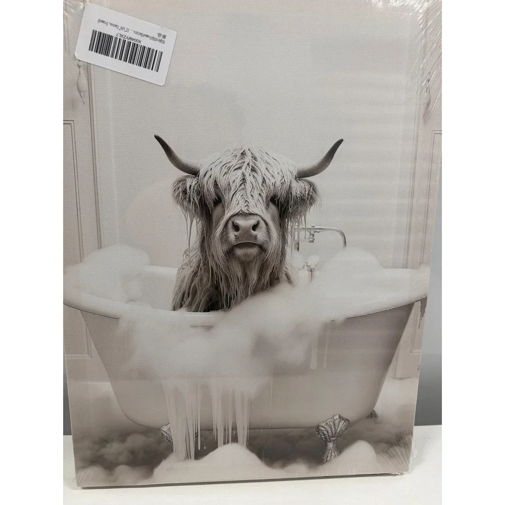 Highland Cow in Bathtub Canvas Wall Art 12x16 Farmhouse Bathroom Decor Sepia